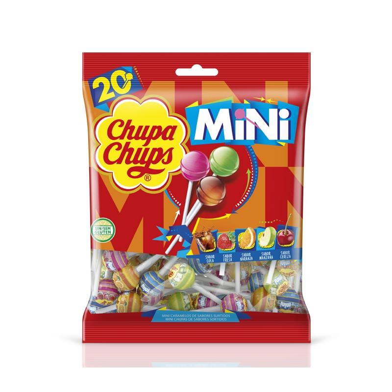 Chupa Chups en tamaño mini con los 5 sabores más vendidos: cola, fresa, naranja, manzana y cereza. Cada Mini Chupa Chups va envuelto individualmente y en paquetes de 20 unidades. Caja de 12 paquetes.