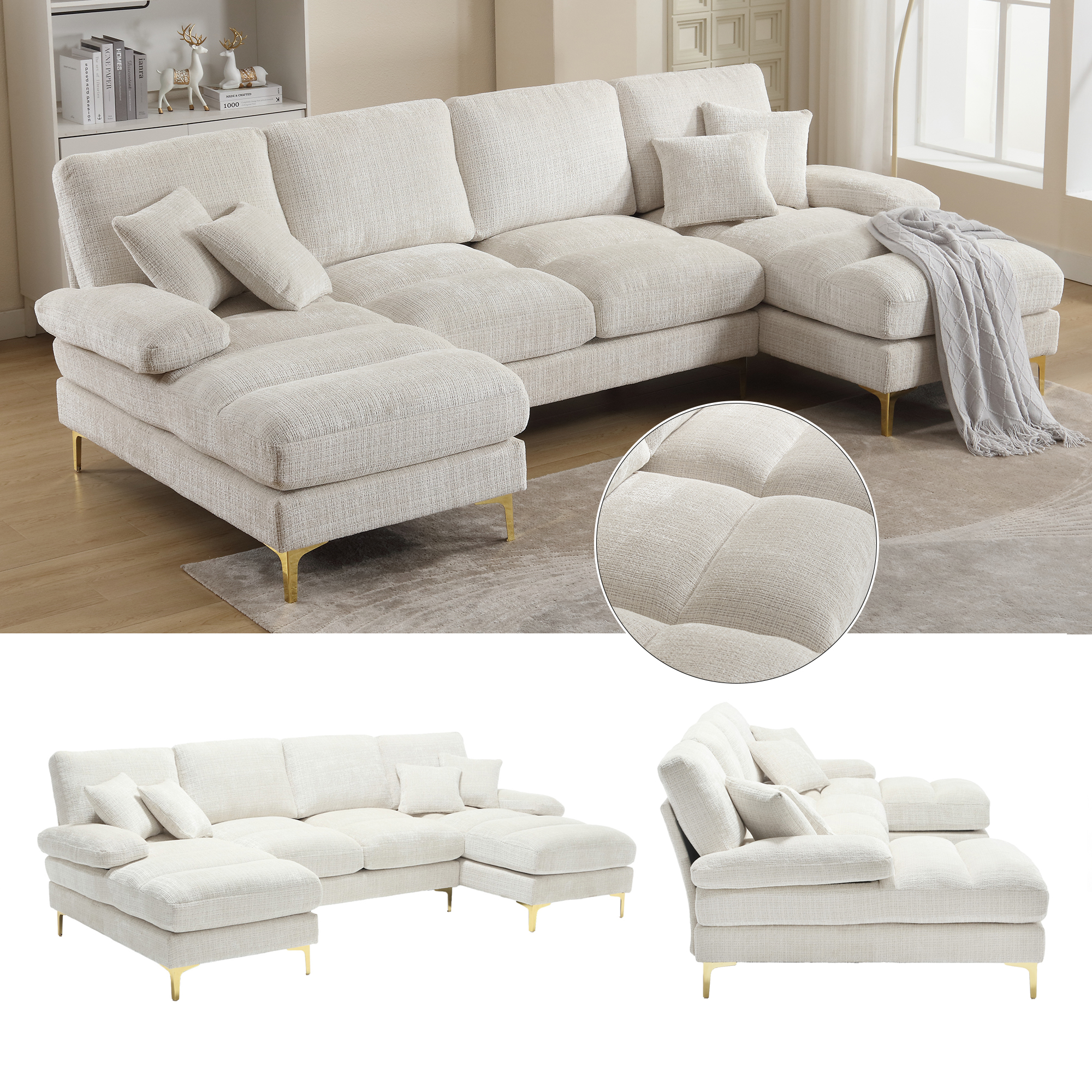 Grand canapé sectionnel en U beige en chenille avec doubles méridiennes, coussins et pieds dorés