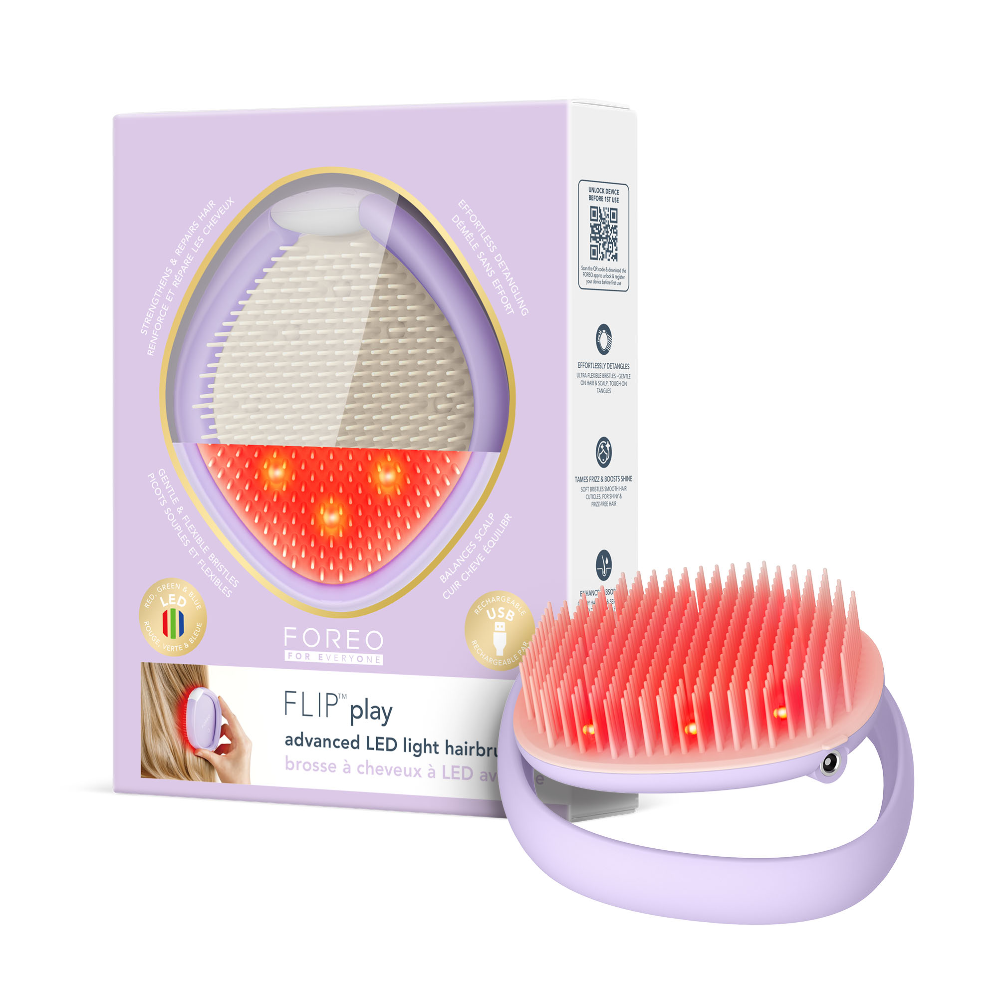 FOREO FLIP Play Cepillo Antitirones y Cepillo Desenredante Sin Tirones con LED Avanzado 3-en-1 – Masajeador de Cuero Cabelludo con Luz Roja, Azul y Verde para Cabello con Aspecto Más Fuerte y Denso