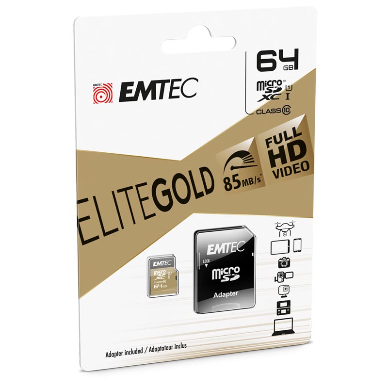 Emtec - Tarjeta MicroSDXC 64GB Clase 10 UHS-I Emtec EliteGold c/Adaptador SD