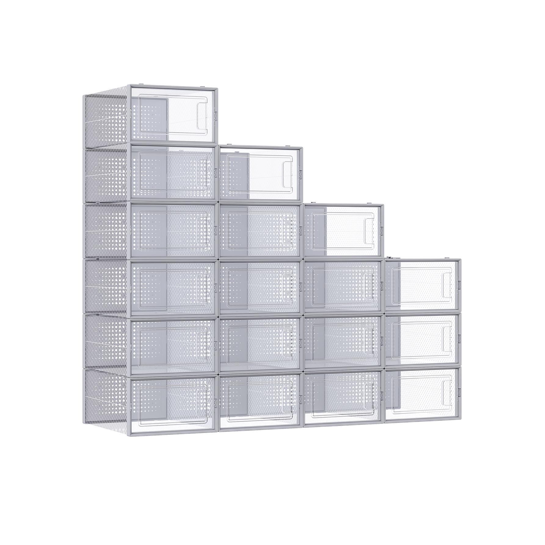 SONGMICS Cajas de Zapatos Plástico, Juego de 18 Organizadores de Almacenamiento, Caja Zapatero Plástico Plegable y Apilable para Zapatillas hasta talla 44, Transparente y Azul Carbón/Transparente y Beige Avena/Transparente y Negro/Transparente y Verde Lau