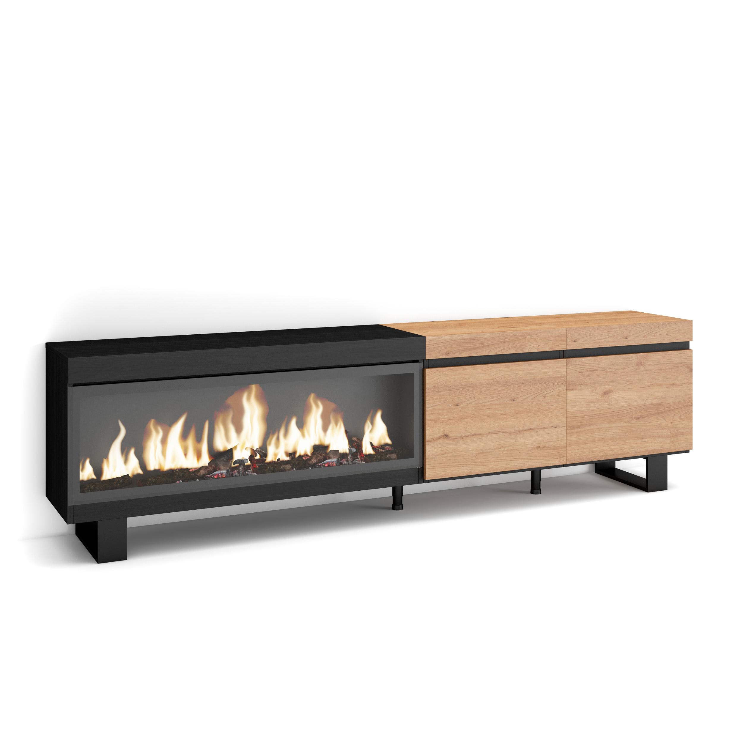 Skraut Home, Mueble Televisión, 208x35x57cm, Fuego Led XXL efecto 3D, Veteado de madera, Tacto poroso de alta calidad