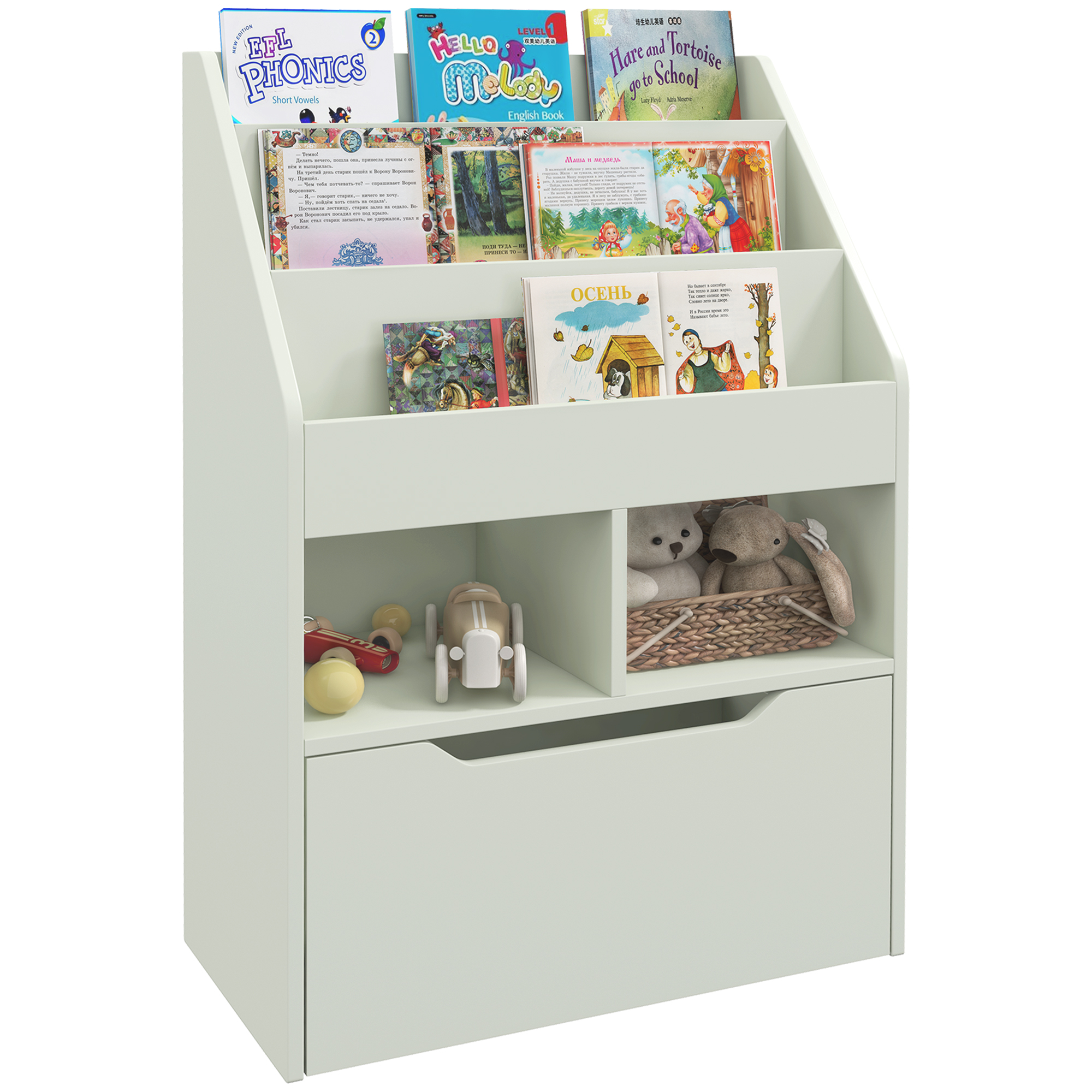 HOMCOM Estantería Infantil de Madera con 3 Compartimentos 2 Cubos y Cajón Móvil con 4 Ruedas Librería Infantil para Habitación de Niños Sala de Juegos 60x29,9x90 cm
