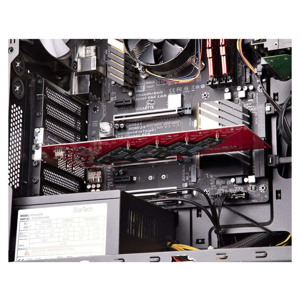 Startech - Tarjeta sintonizadora QUAD-M2-PCIE-CARD-B para PC con ranura PCIe x16, compatible NVMe y AHCI, hasta 7.8 GBps por unidad y disipación térmica optimizada