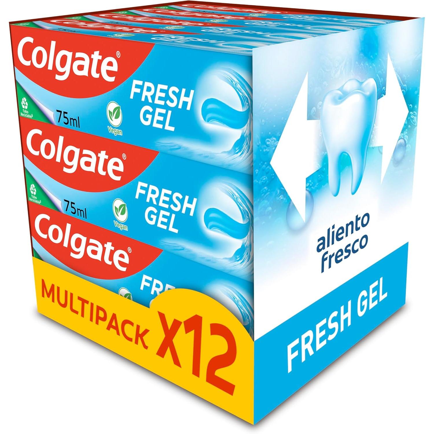 Colgate Fresh Gel Pasta de Dientes con Flúor - Pack 12 Uds x 75 ml - Dentrifíco con Protección Contra la Caries, Esmalte Sano y Fuerte, Aliento Fresco, Uso Diario, Sabor a Menta Refrescante