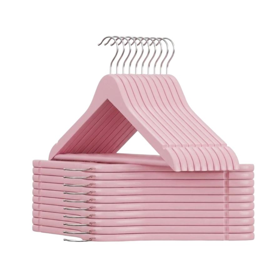Perchas Madera, Acabado Liso y Barnizado, para Organizar Ropa, en tu armario Gancho 360° color Rosa bebe surtido de cantidad para elegir Primera calidad Garantizada