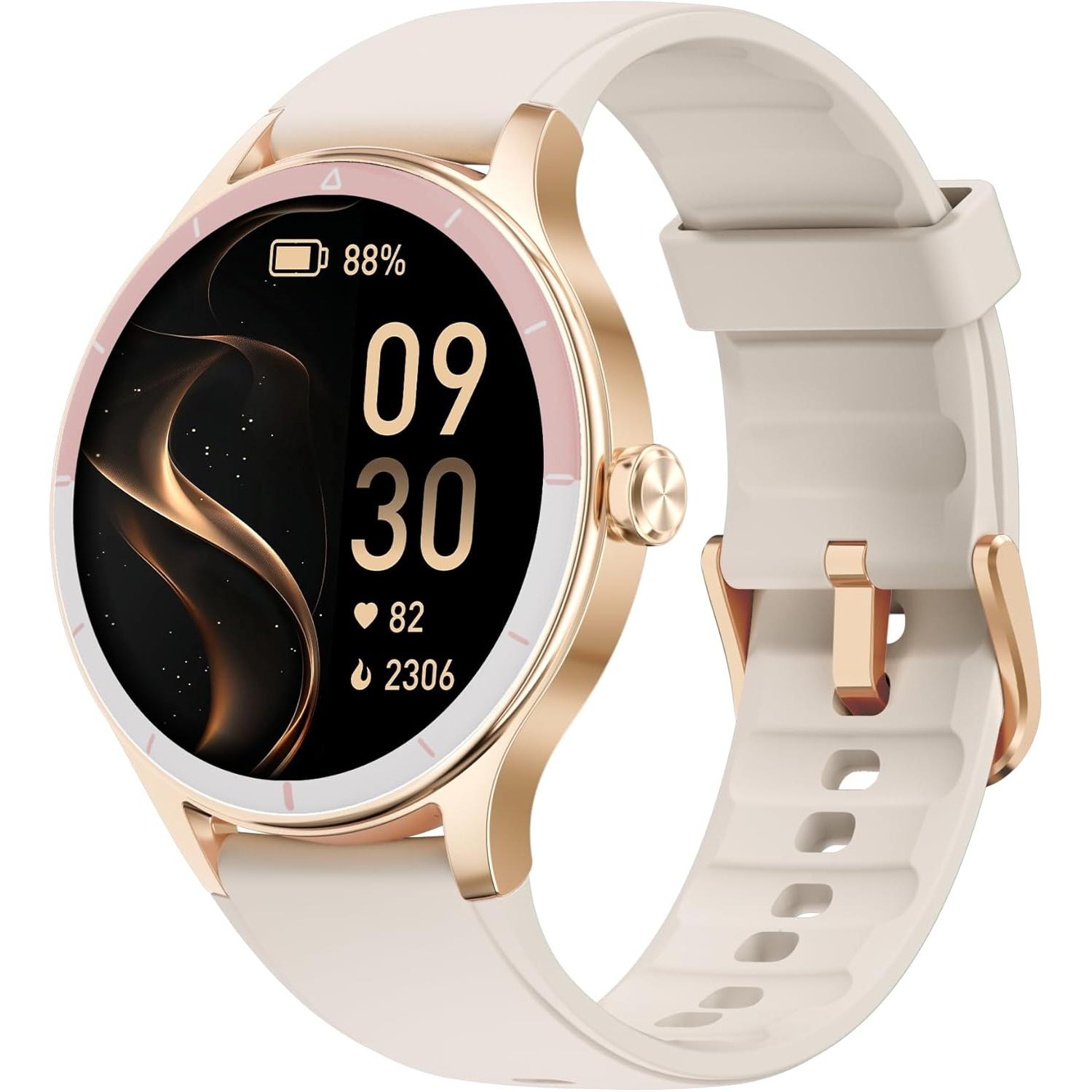 Women's Round Smartwatch, Sports Smartwatch, Step and Calorie Counter Watch, Android & iOS Compatible Smartwatch, Answer/Make Calls, Women's Health Watch, IP68 Waterproof, Beige