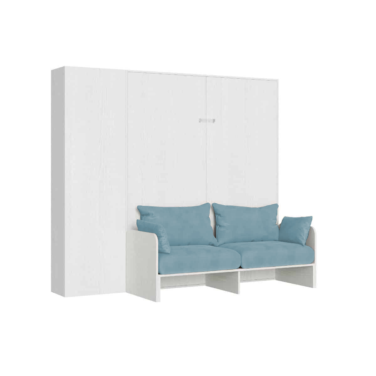 Cama doble abatible Kentaro de 160 cm con sofá y columna en fresno blanco y azul claro - Itamoby