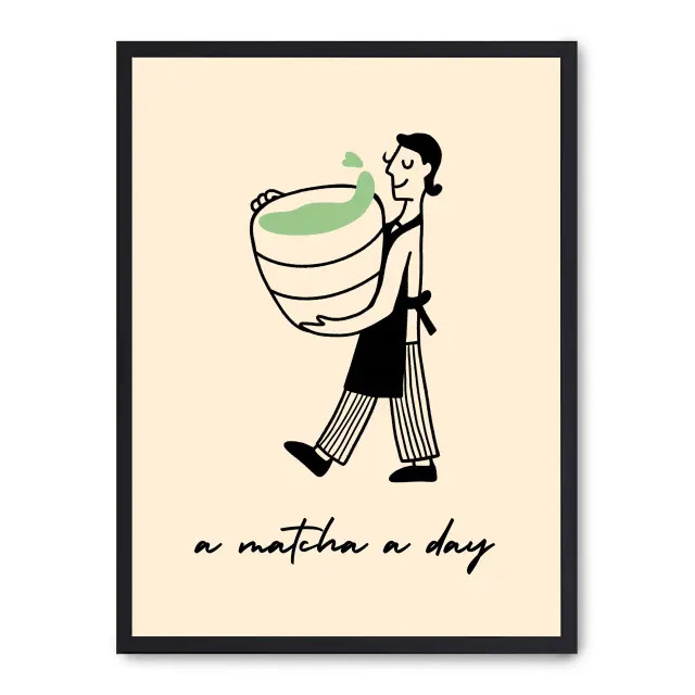 Cuadro a matcha a day 30x40cm, Póster impreso en papel de primera calidad de 180gr, montado sobre marco de madera MDF acabado en negro., Cocina - Bebidas