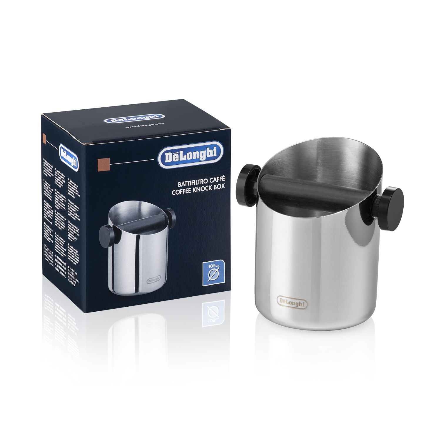 Delonghi - Bote para posos de café molido. Con base de goma antideslizante, de acero inoxidable y barra de goma. Modelo DLSC059