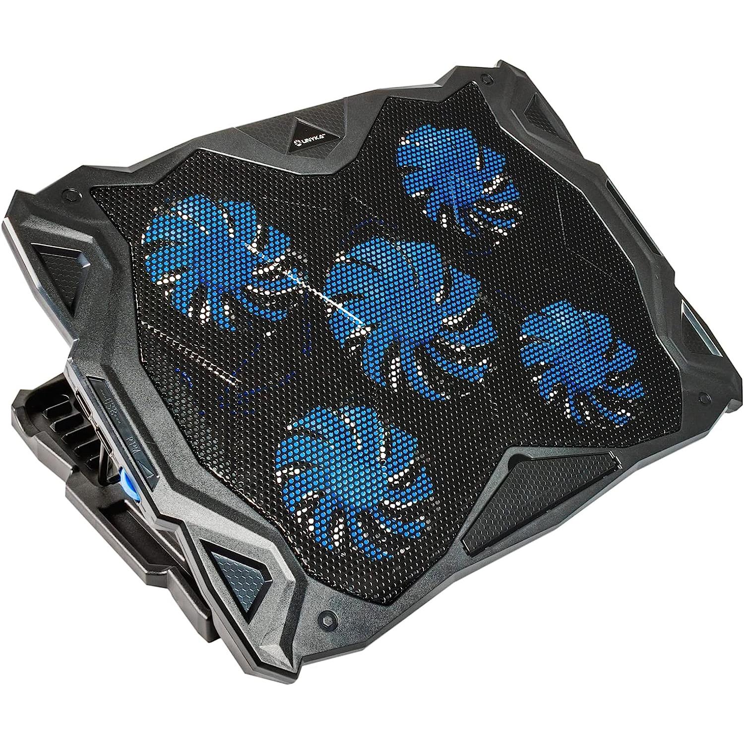 UNYKach Base de Refrigeración Portátil 19″ Candy C500 con Cinco Ventiladores LED Azules Ajustable de Velocidad Pies Plegables para Elevar La Superficie en 5 Posiciones y 2 Puertos USB.