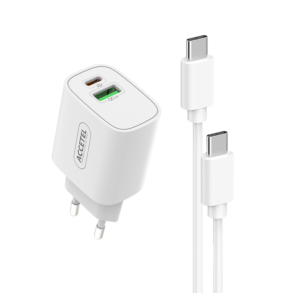 Cargador Pared Carga Rápida USB-C+USB-A QC3.0/PD 20W - Cable USB-C a USB-C