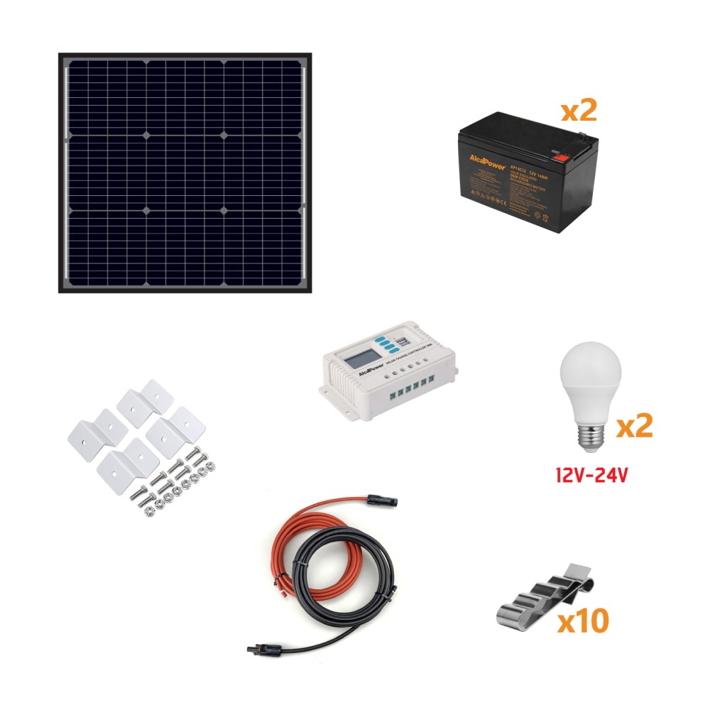 Kit Fotovoltaico Autónomo 50W - Kit con panel solar, regulador de carga, bombillas y accesorios de instalación - Alcapower