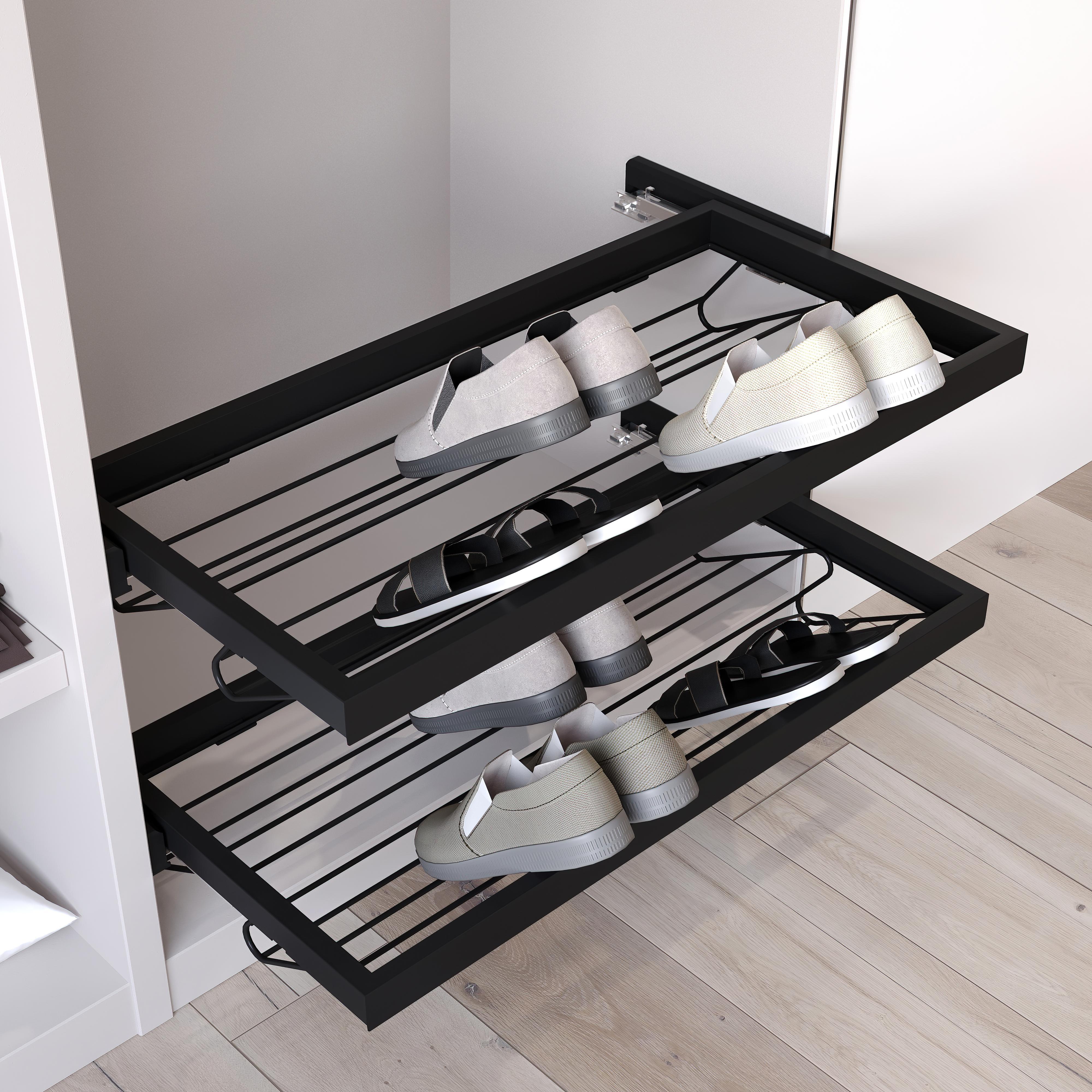 Kit de zapatero metálico y bastidor de guías cierre suave para armario, regulable, módulo 600mm, negro texturizado