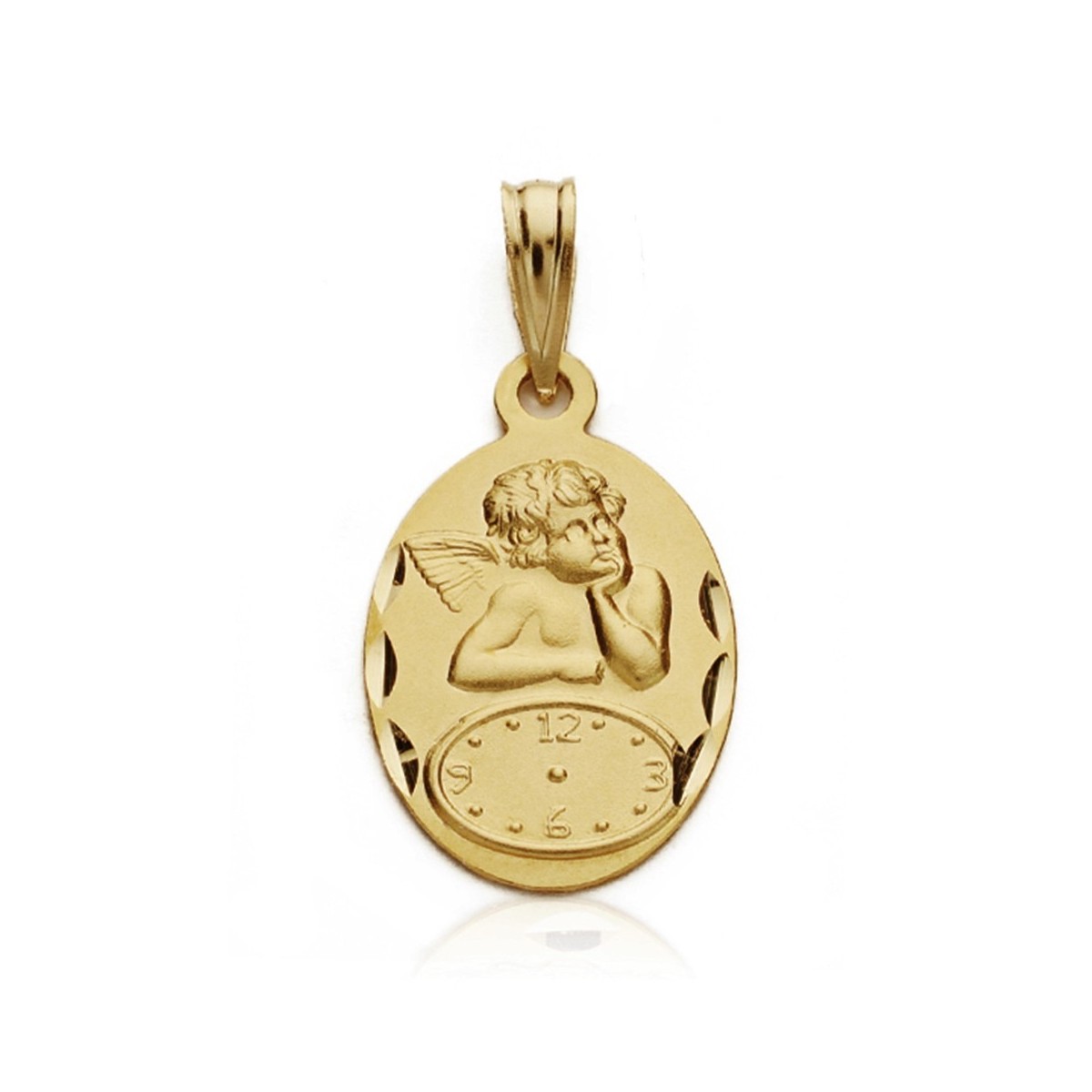 Medalla oro 18k ángel Querubín reloj 19mm. bebé hora nacimiento oval detalles tallados