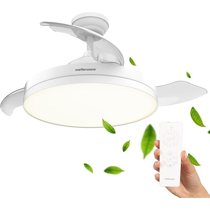 Mellerware - Ventilador de Techo Retráctil Brizy Foldable 40W 6 Velocidades 3 Aspas Motor DC Ultra silencioso Temporizador Función Verano Invierno Luz LED