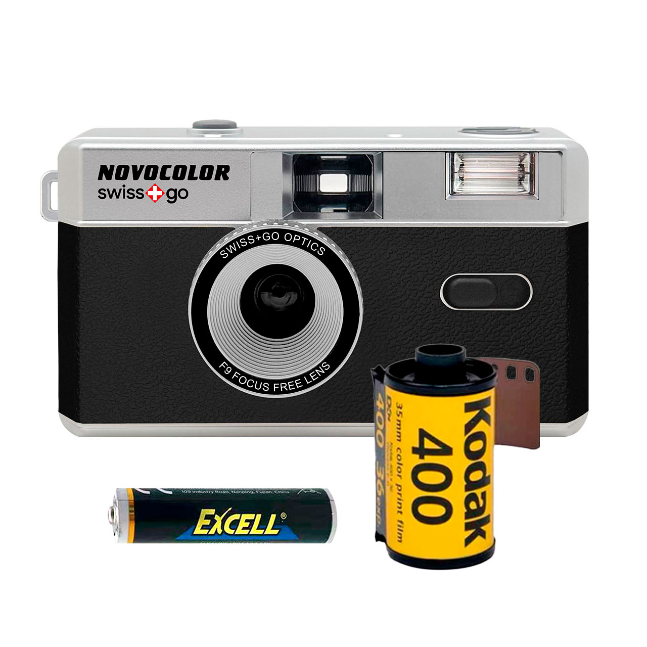 swiss+go Novocolor Pack Cámara 35mm con Flash y Funda Negra + Carrete Kodak 36 Fotos + Pila AAA