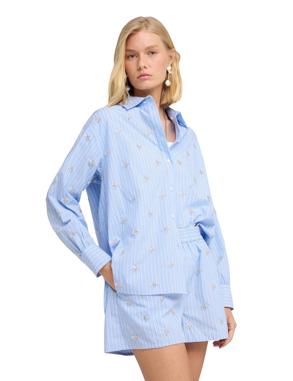 Motivi - Camisa oversize a rayas con bordados de perlas