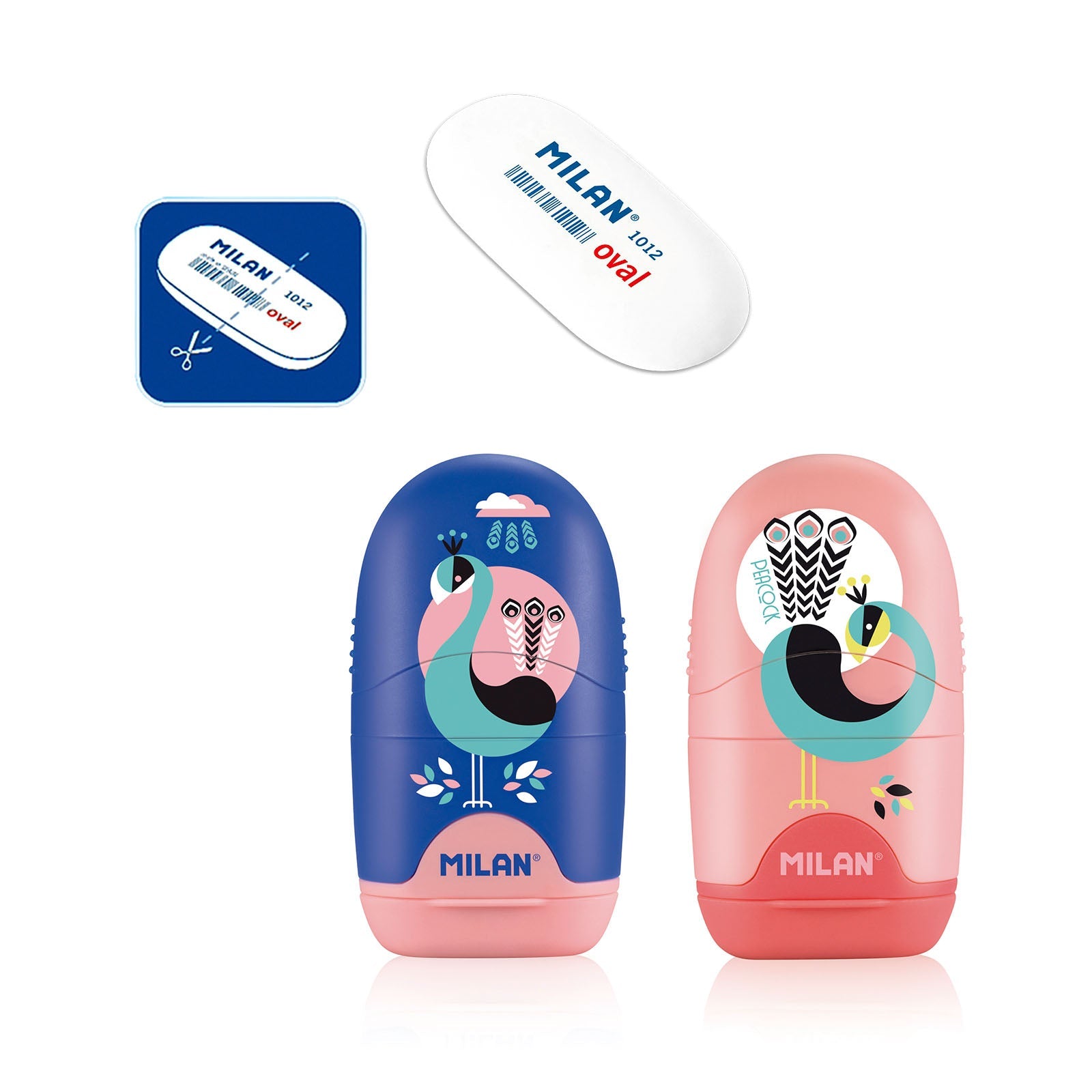 MILAN Peacock - Afilaborra Compact. Combinación de Goma y Sacapuntas. Azul-Rosa