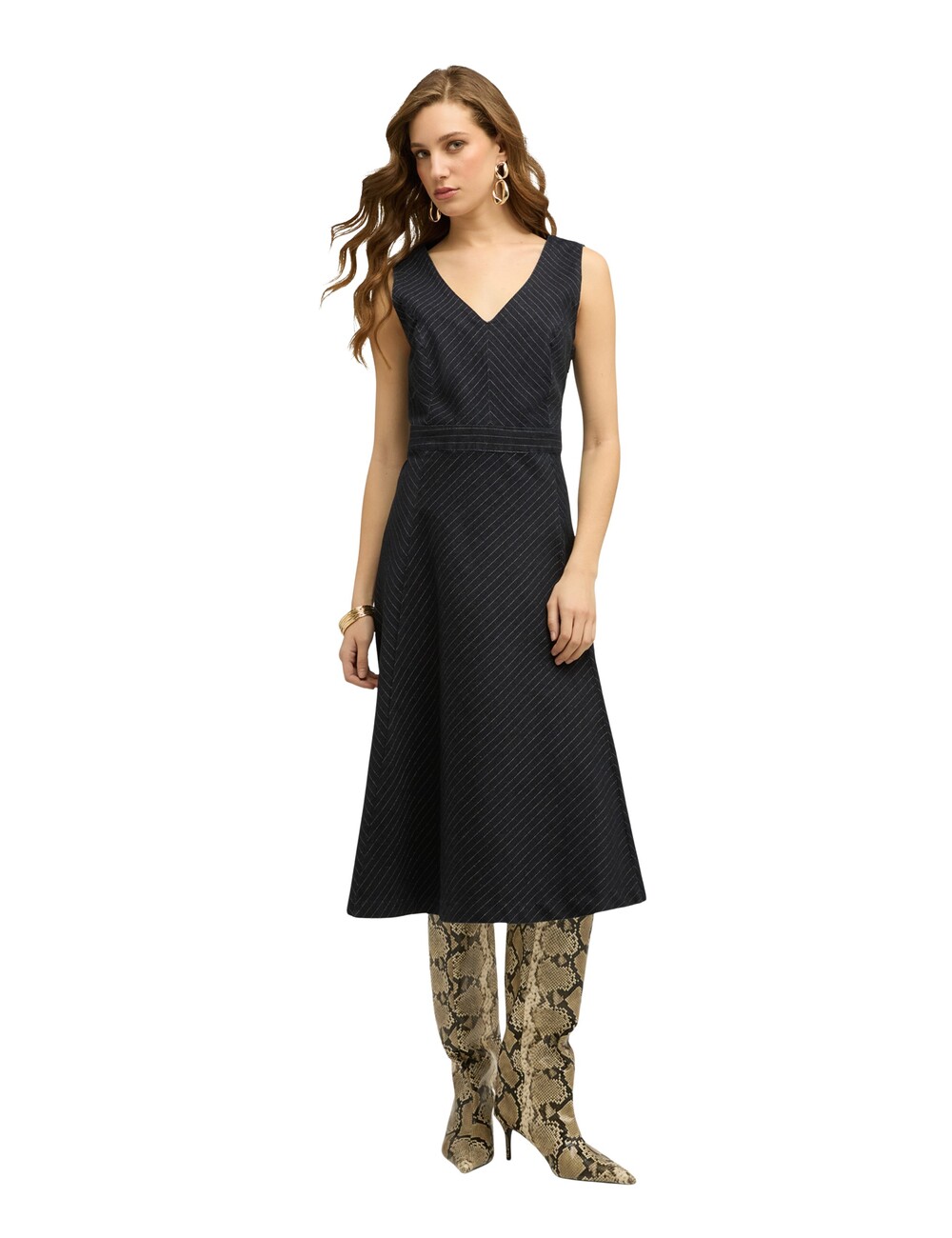 Motivi - Vestido flare en denim a rayas