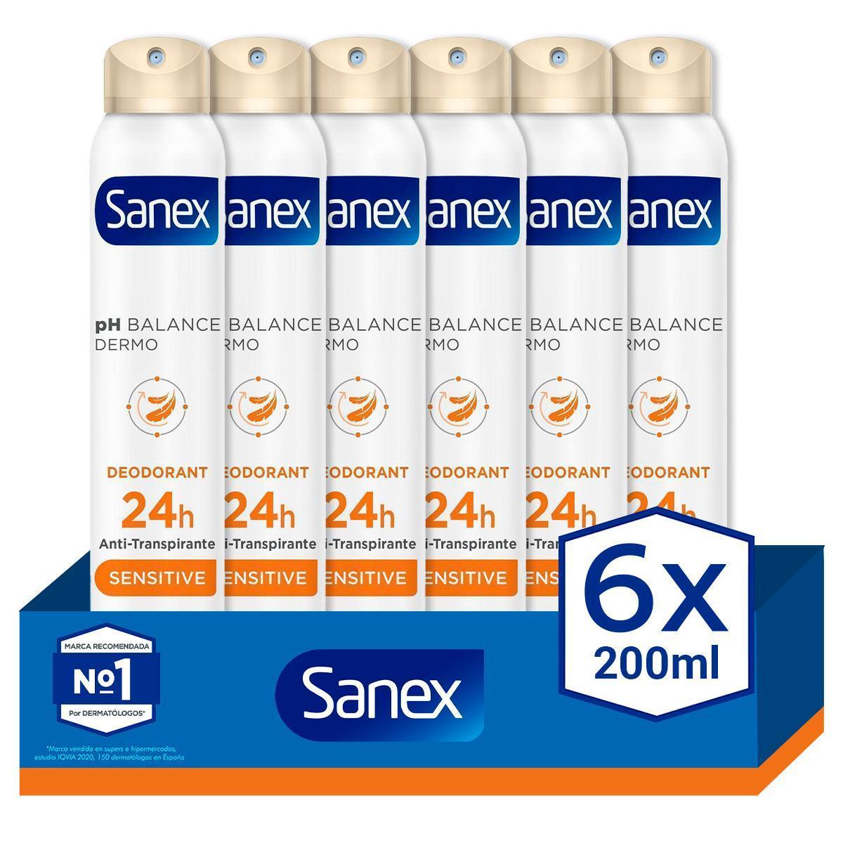 Sanex - Desodorante spray SANEX pH Balance Dermo Sensitive protección 24h 200ml. Pack 6