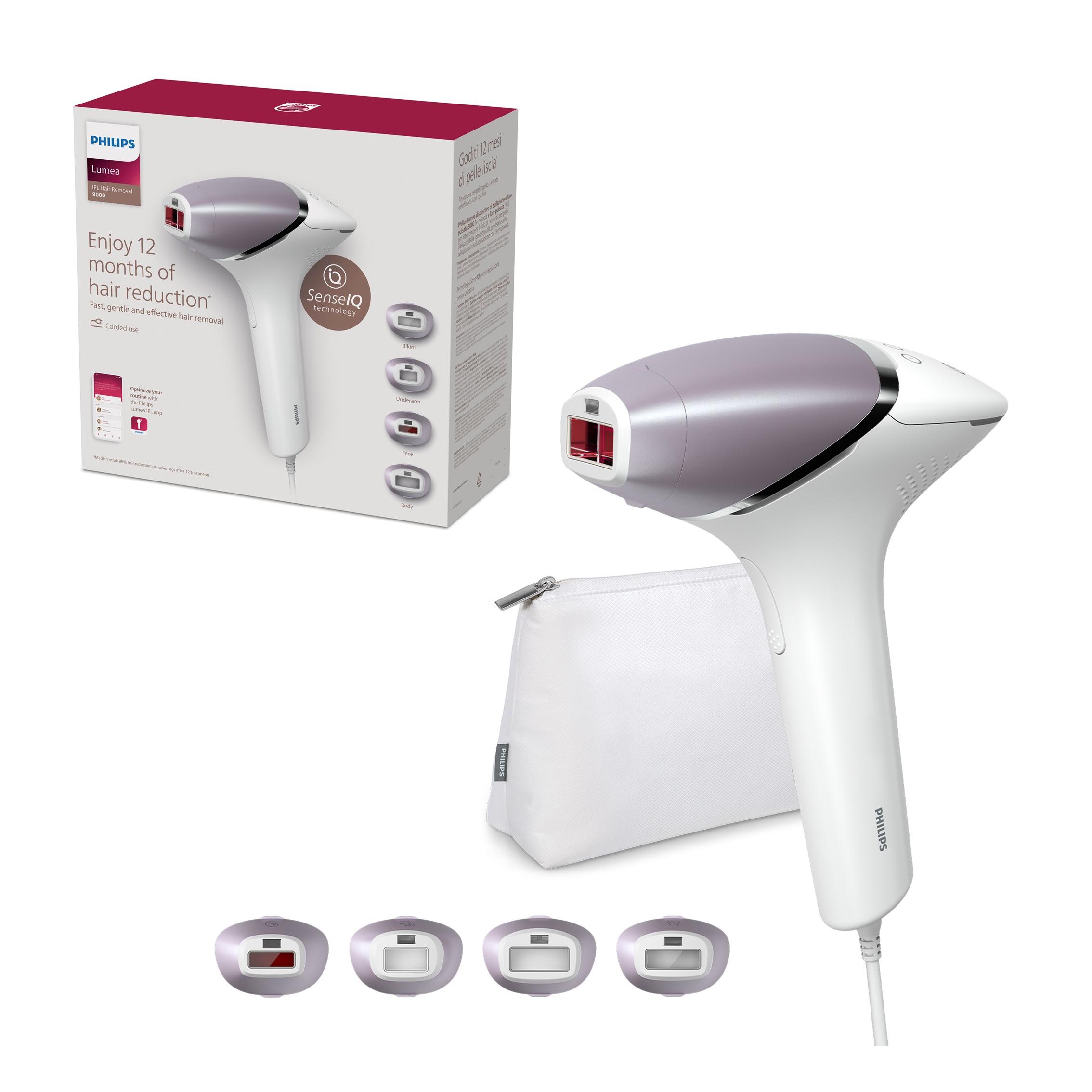 Depiladora IPL Philips Lumea Serie 8000 BRI947/00, depilación permanente, luz pulsada, 4 cabezales, cara y cuerpo, sensor de piel inteligente