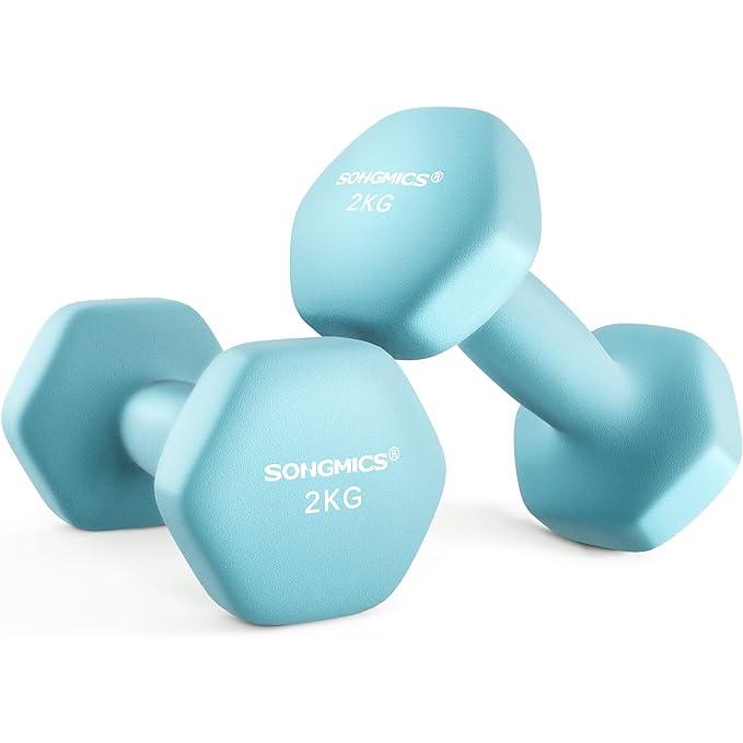 SONGMICS Juego de 2 mancuernas, mancuernas hexagonales, revestimiento de neopreno, entrenamiento de fuerza, entrenamiento, fitness, para casa, Violeta/Verde Lima/Azul Pálido