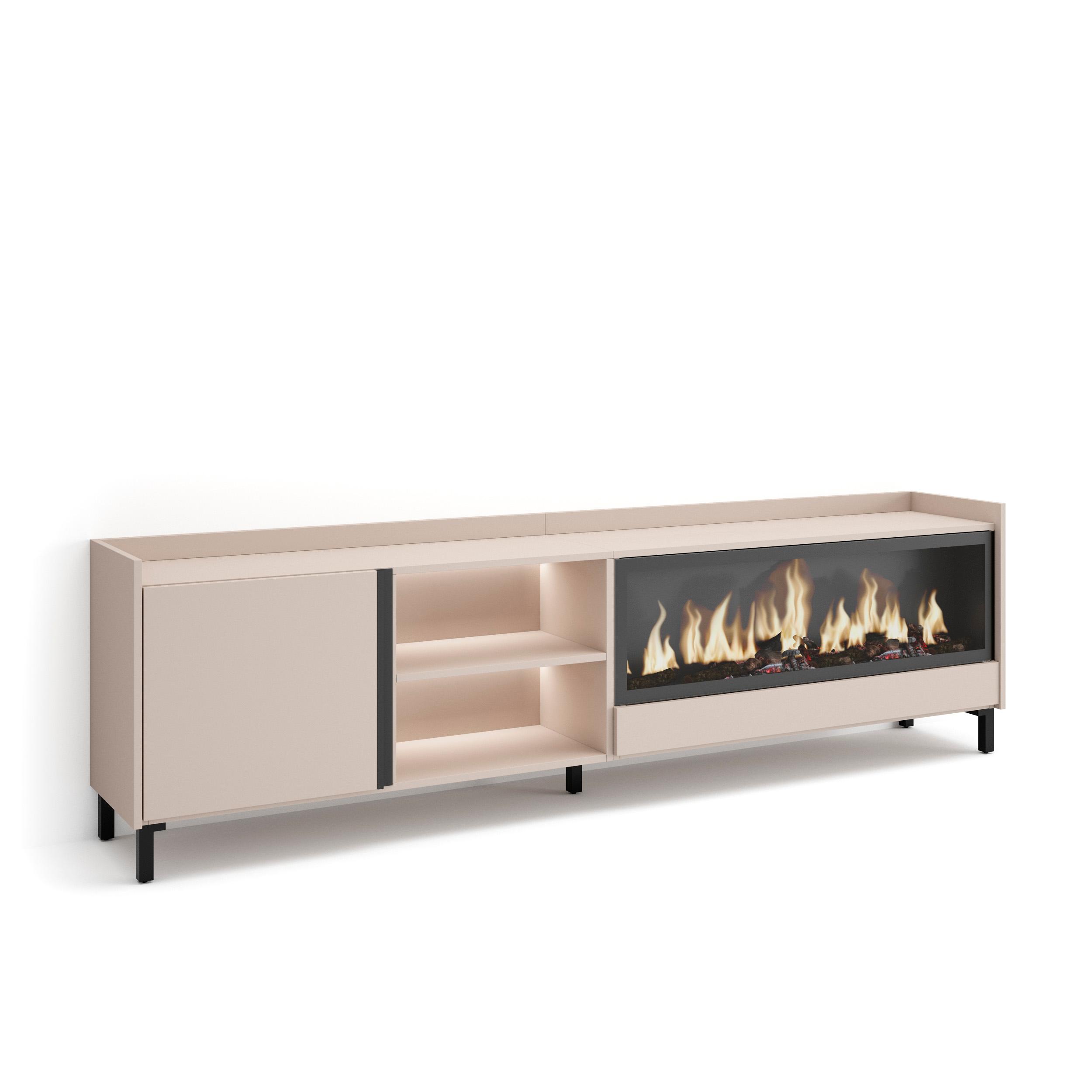 Mueble TV, Televisión, 212x35x61cm, Para TV hasta 80", Chimenea eléctrica XXL, Diseño industrial, LED