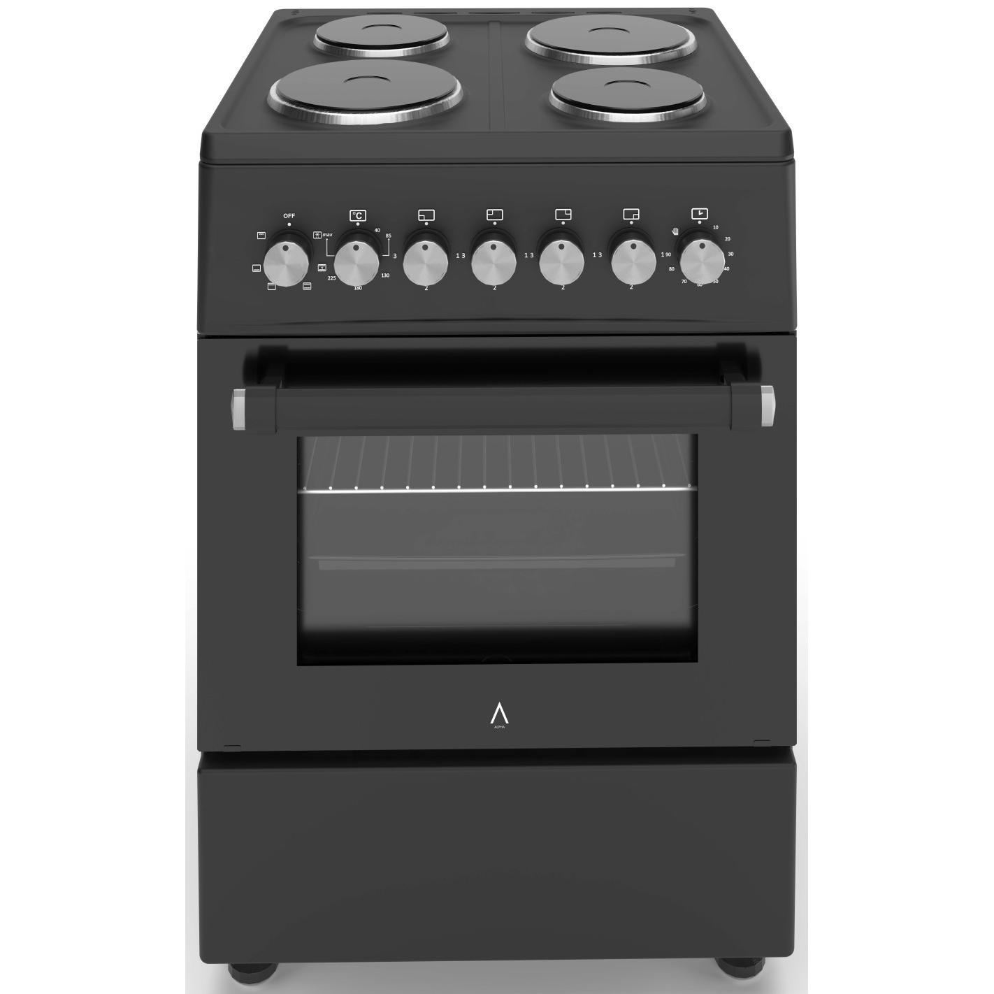 ALPHA Cocina Eléctrica VULCANO ELITE-60E Negro Mate, Horno 6 Funciones, Ventilador, Cristal Extraíble