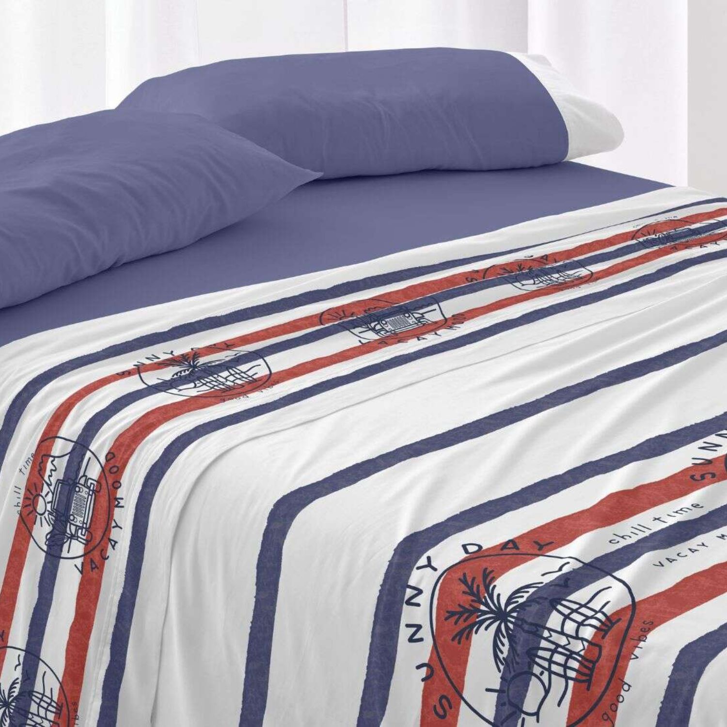 Juego Sábanas BURRITO BLANCO 50% Algodón Diseño Surf Azul Marino - Tacto Suave, Fácil Planchado, Alta Durabilidad - Cama 90-200cm