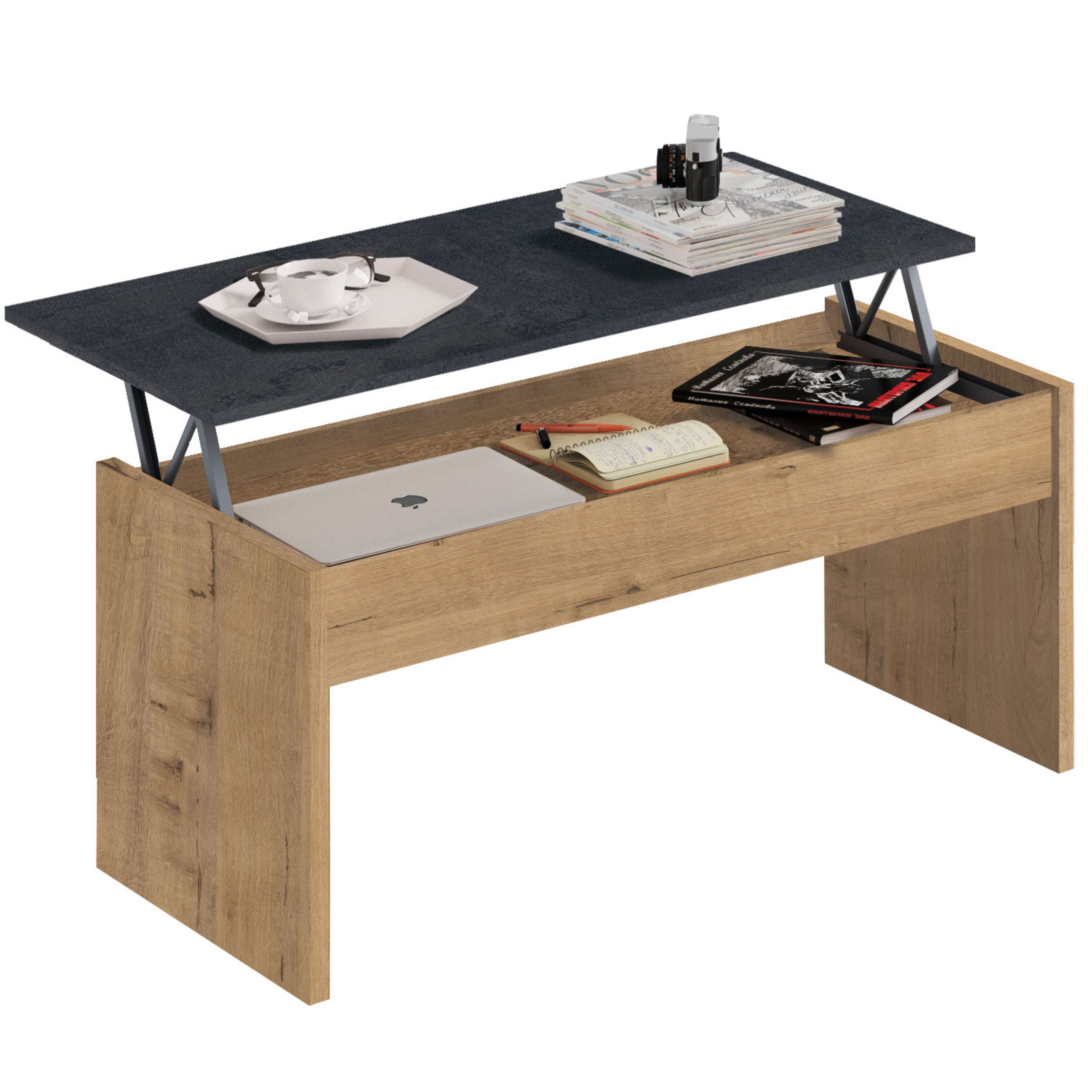 Miroytengo Mesa De Centro Elevable Color Roble Y Mármol Salón Comedor Estilo Moderno Almacenaje 47-58x100x50cm