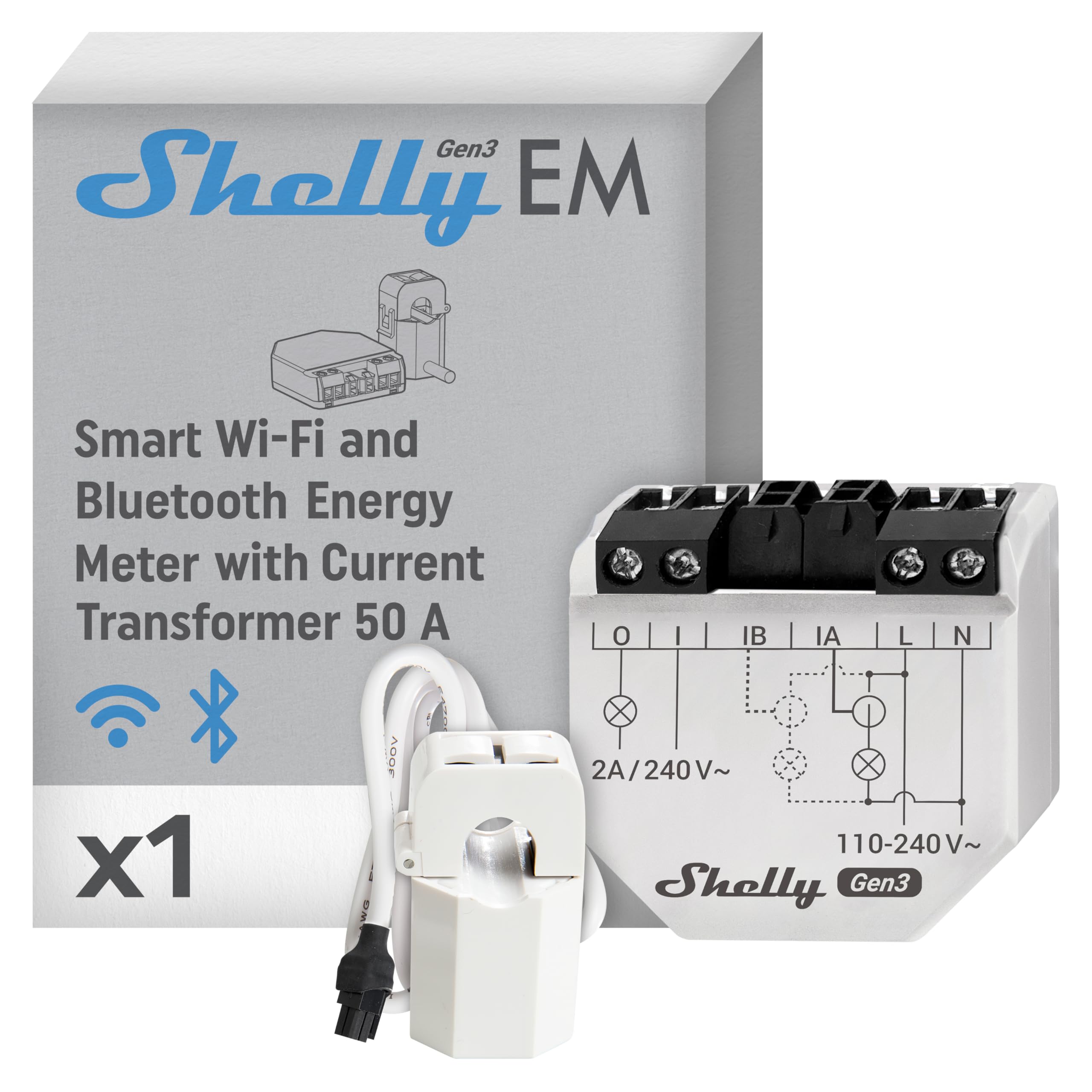 Shelly EM Gen3 + Pince 50A – Medidor De Energía Inteligente Con Una Pinza Ampérmetrica, Monofásico A 2 Canales, Wi-Fi y Bluetooth, Con Interruptor Integrato, Temporizador, Control De App