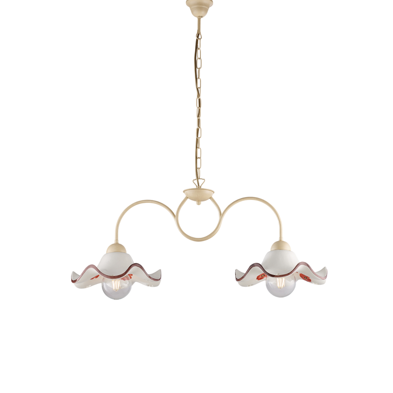 Lámpara de araña Anemone en hierro lacado marfil y dec. Efecto decapé con difusores cerámicos d. 30 blanco y marrón 2 luces L. 81 X 30 - Belight