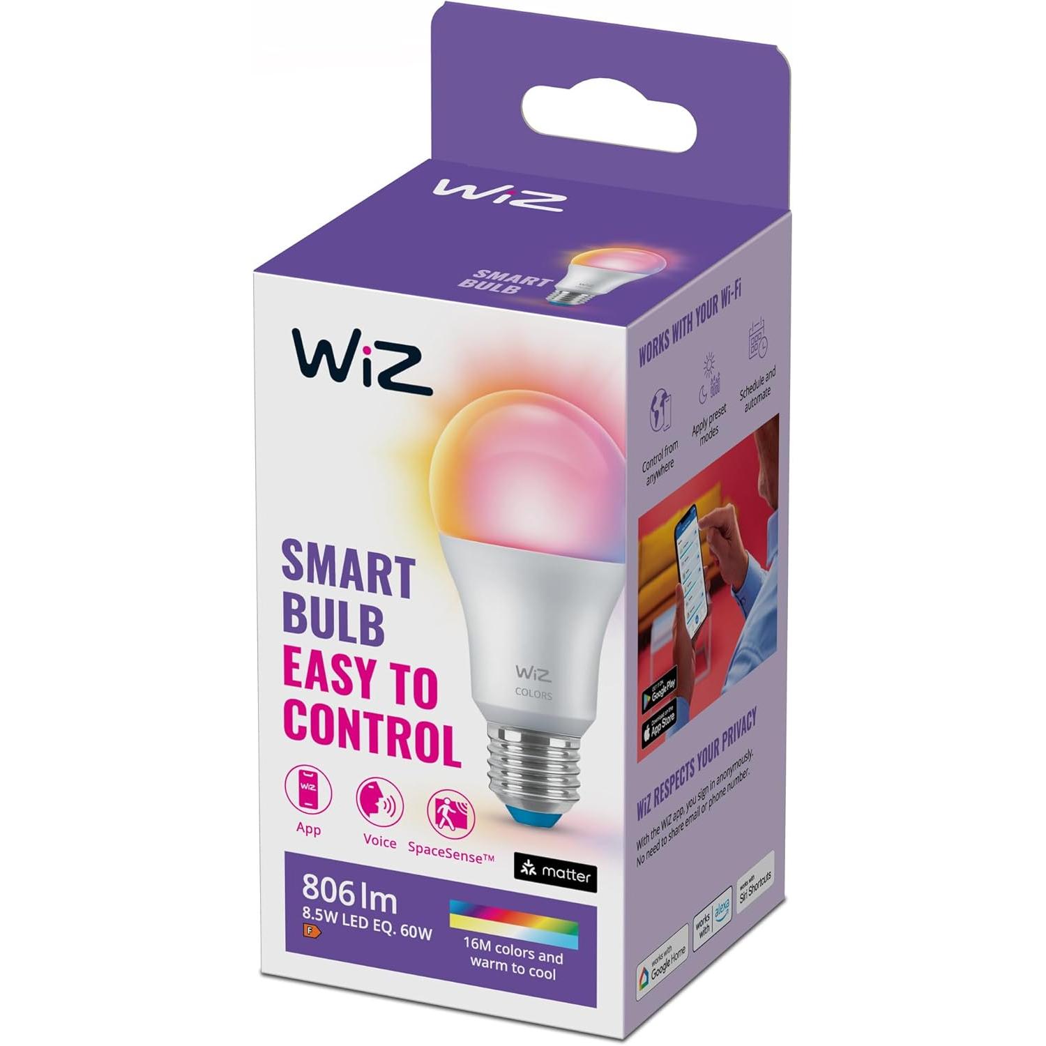 WiZ, bombilla conectada E27 Wi-Fi + mando a distancia, equivalente a 60 W, funciona con Alexa, Google Assistant