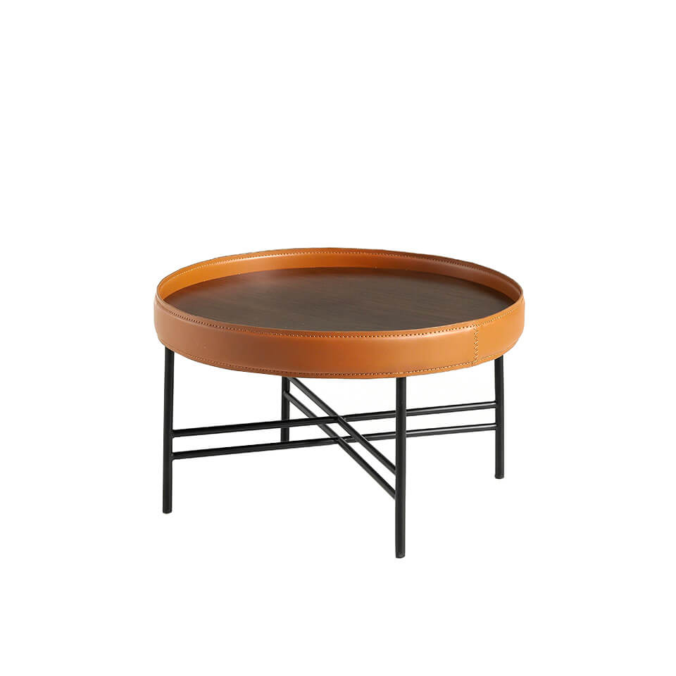 ANGEL CERDÁ 2058C Mesa centro piel vacuno coñac , Negro  Nogal  Cognac , Acero Negro , Ø62 x 35 cm