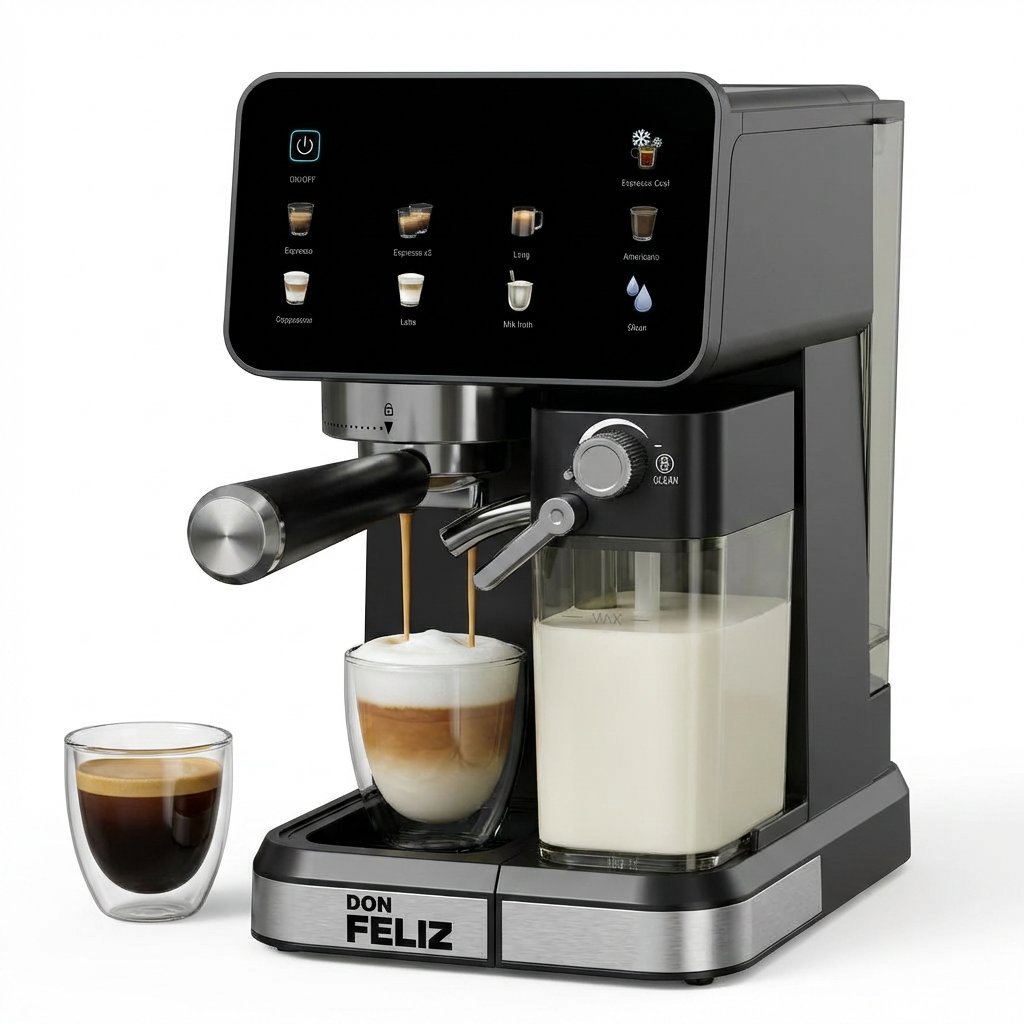 Cafetera Espresso Semiautomática 20 Bar 1350W con Pantalla LCD, Máquina de café con Depósito de Leche 500ml, Compatible Nespresso, Espresso, Cappuccino, Americano, Depósito Agua 1.5L, Autolimpieza, Don Feliz