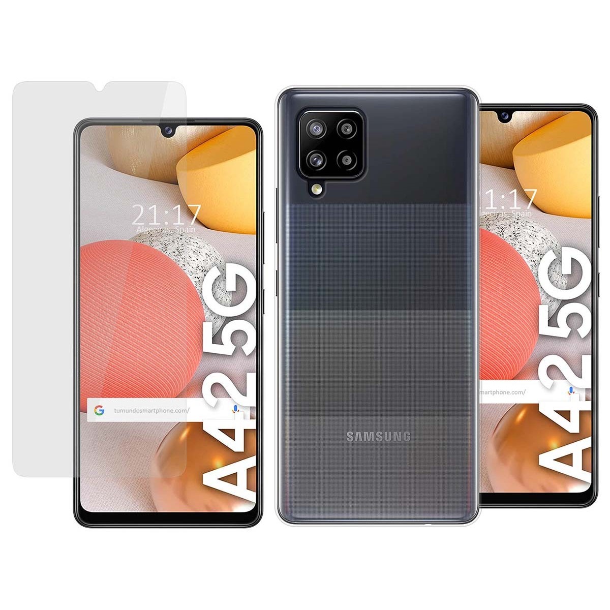 Tumundosmartphone Pack 2 en 1 para Samsung Galaxy A42 5G - Funda Gel Transparente + Protector Cristal Templado
