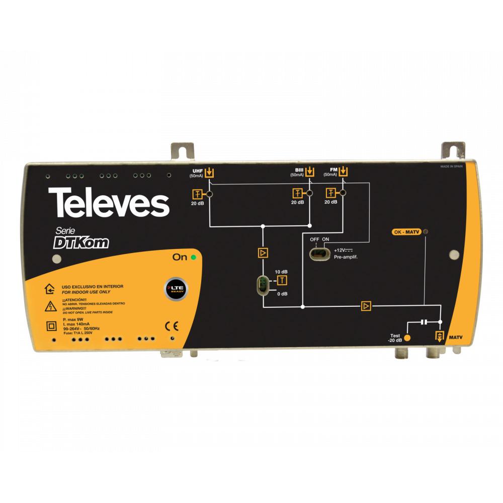 Televes Central TV 3E/1S FM-BIII-UHF 53db LTE790 - Amplificador de Señal de TV de Alta Potencia con Filtrado de LTE y Ganancia Configurable