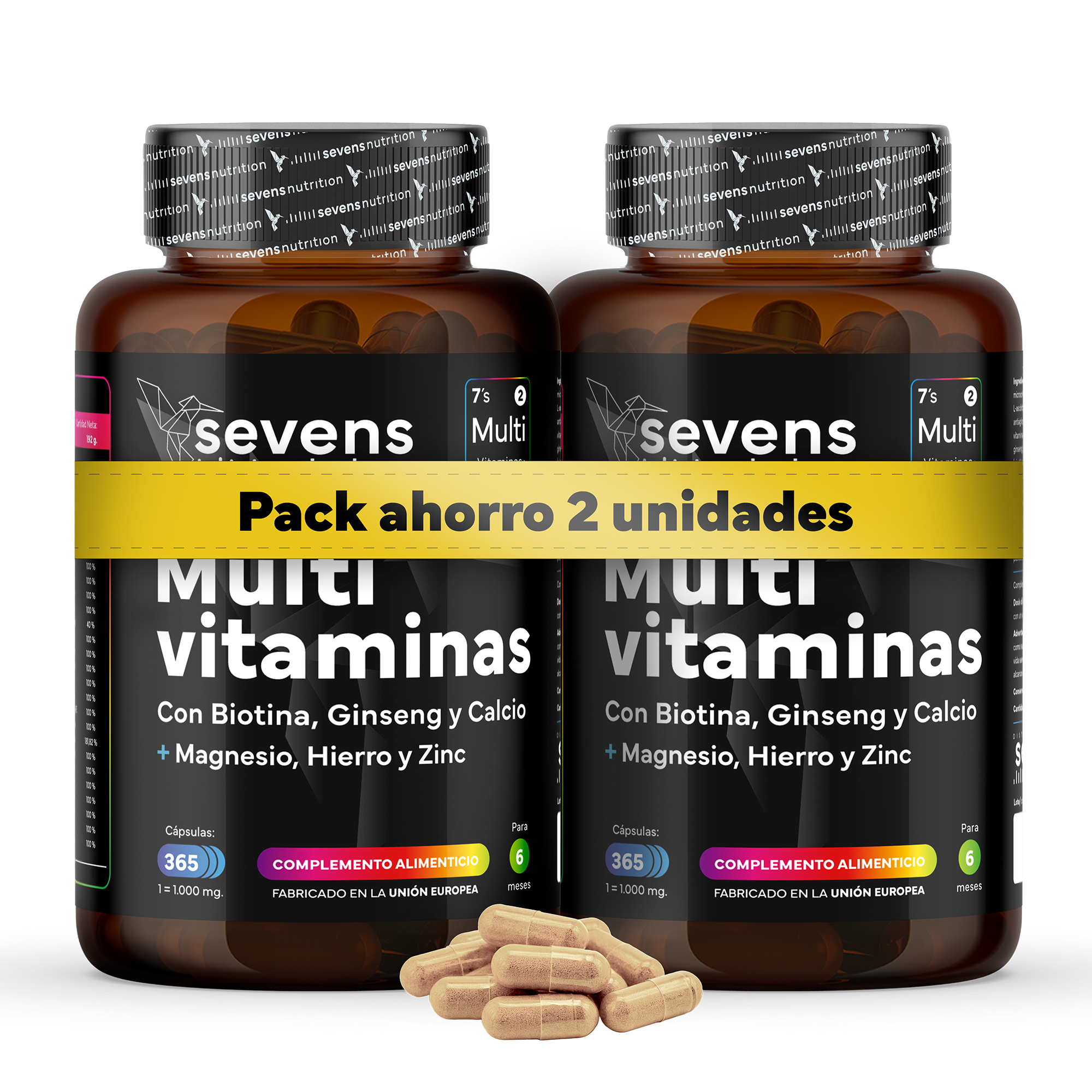 Pack 2x Multivitaminas - 730 Cápsulas Veganas - Con Vitaminas, Minerales y Ginseng - Sevens Nutrition