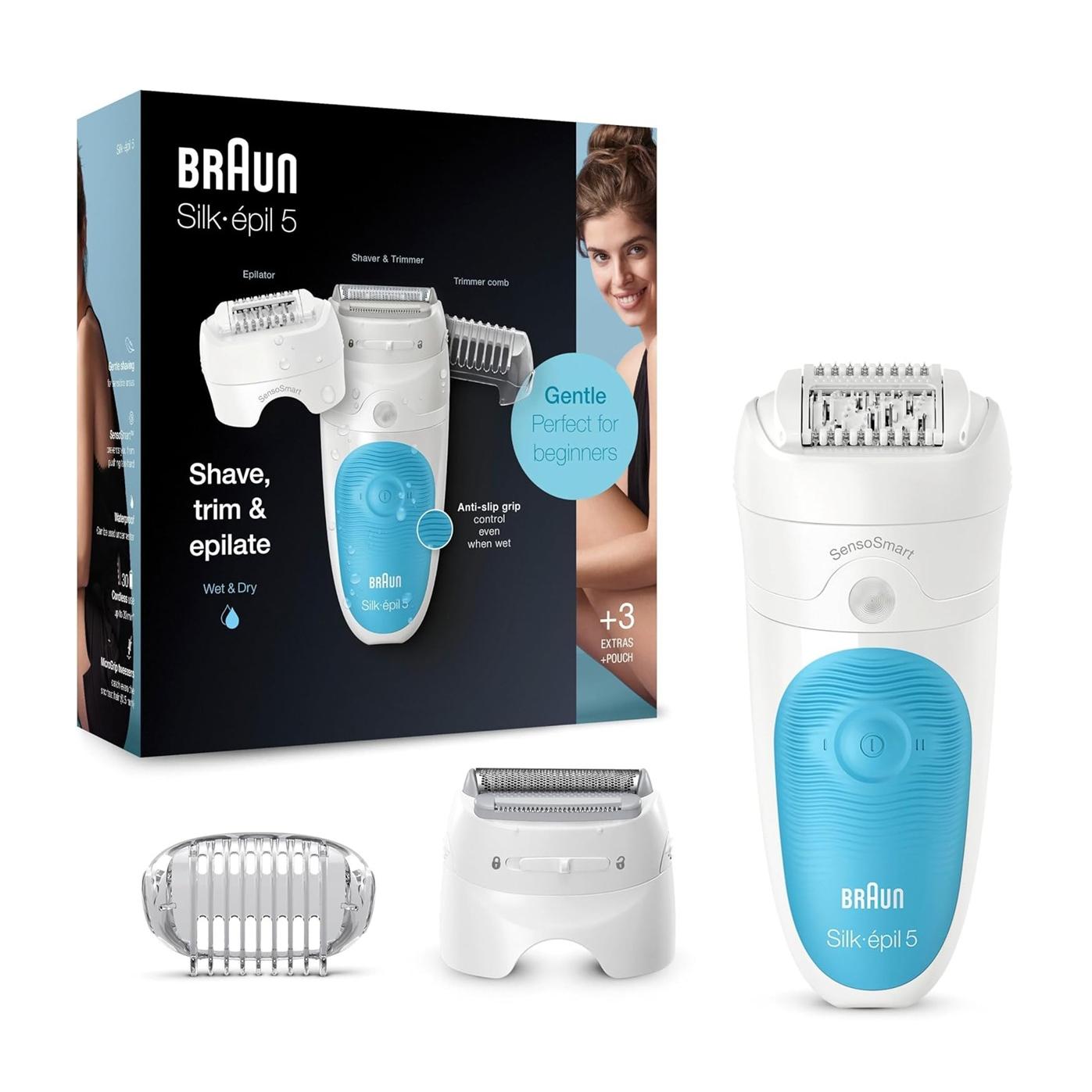 BRAUN Silk-épil SES5605 Depiladora para mujer 28 pinzas depilación y resistente al agua, color Azul y Blanco