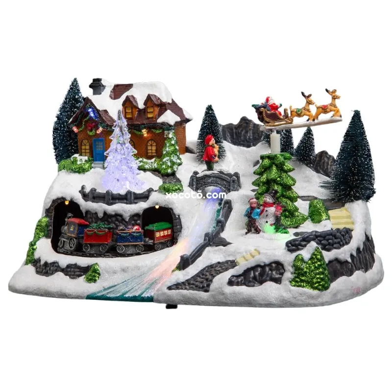 New Planet Home® Pueblo de navidad "Hallstat" | Poblado navideño iluminado túnel con tren y río | 14 Leds | L. 30.60 x P. 18 x H. 17 cm