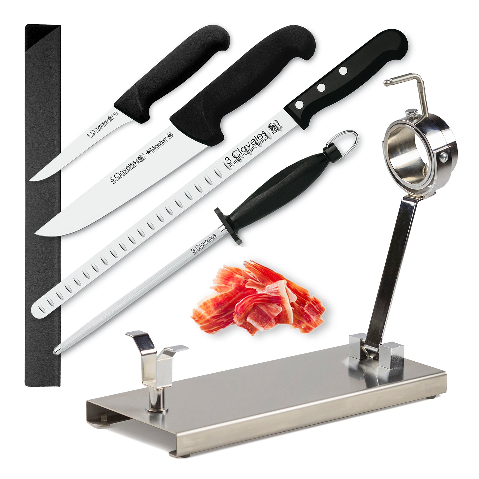 BELLO Makalu - Soporte Jamonero Profesional Plegable en Acero con Cuchillos Pinzas y Chaira