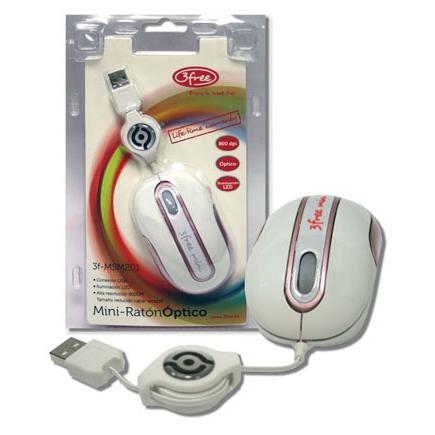 Mouse mini optico usb 3free msm201/wp cable retractil blanco rosa