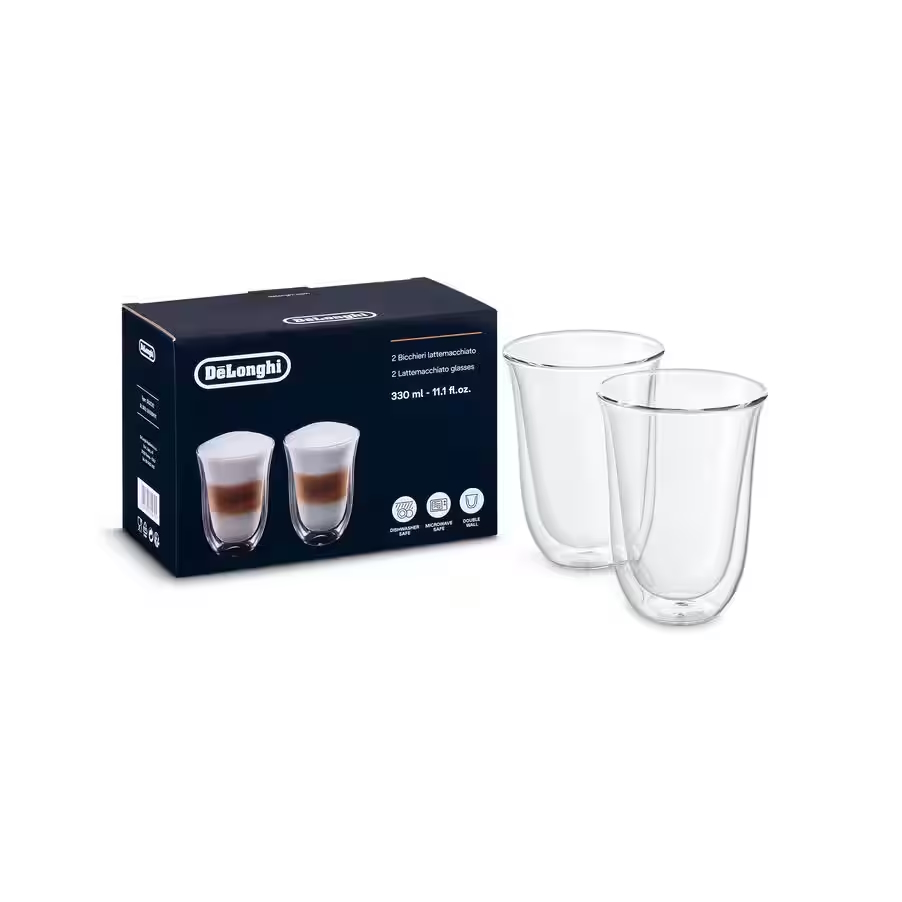 Delonghi - Juego de 2 Vasos Latte Macchiato de 330ml. Vasos de vidrio de doble pared resistentes al calor. Modelo DLSC312