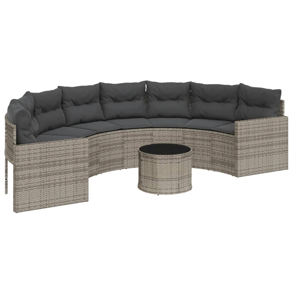 vidaXL Sofá de jardín semicircular con mesa y cojines ratán PE gris