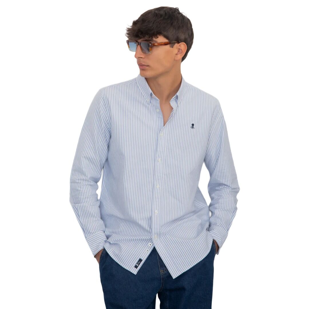 Camisa Azul El Pulpo Oxford Cuello Botón de Rayas de Estilo Sencillo y Elegante