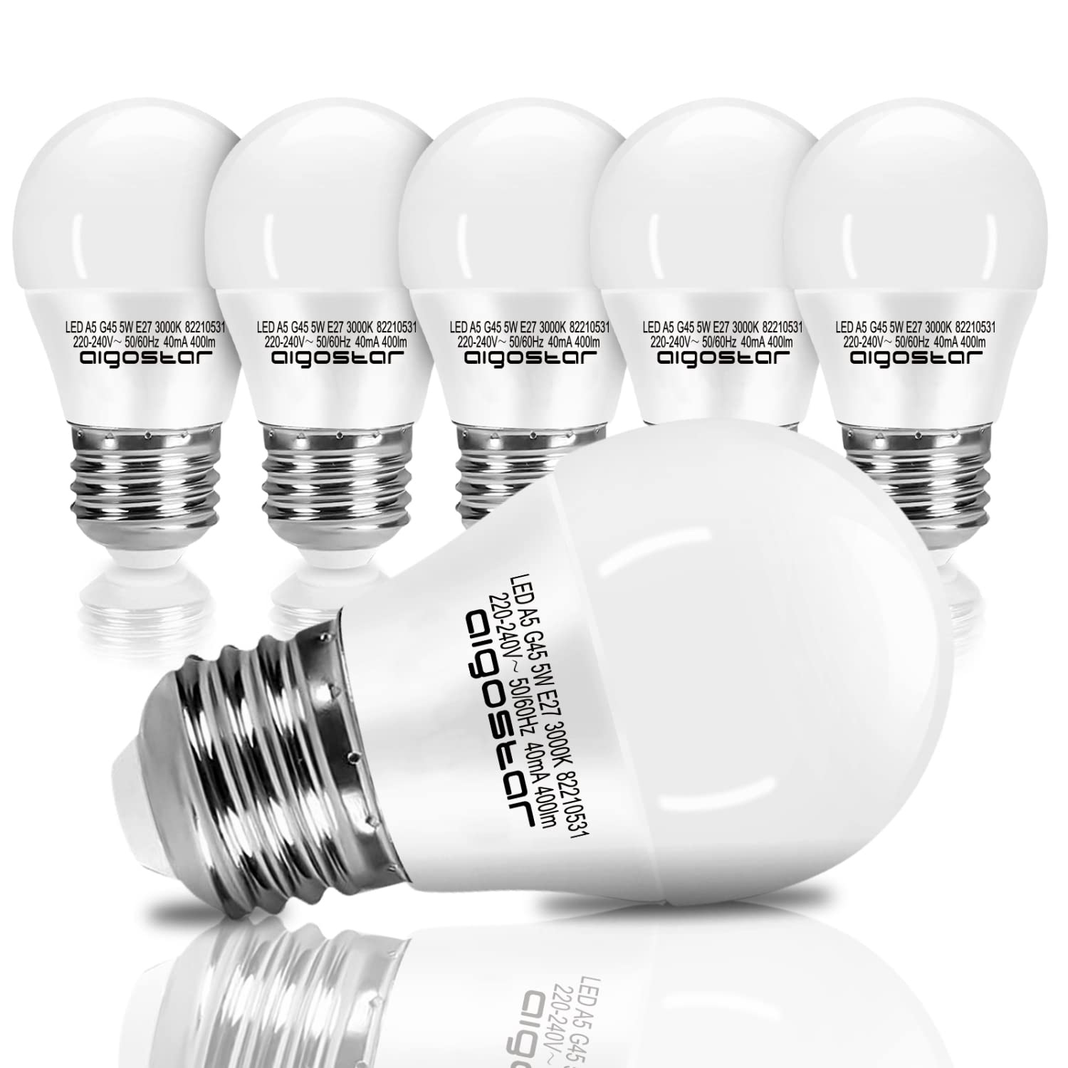 Aigostar - Bombilla LED E27 5W (Equivalente a 35W), Luz Calida 3000K, 400 Lúmenes, CRI> 80, Ahorro de Energía, No Regulable - 5 Unidades
