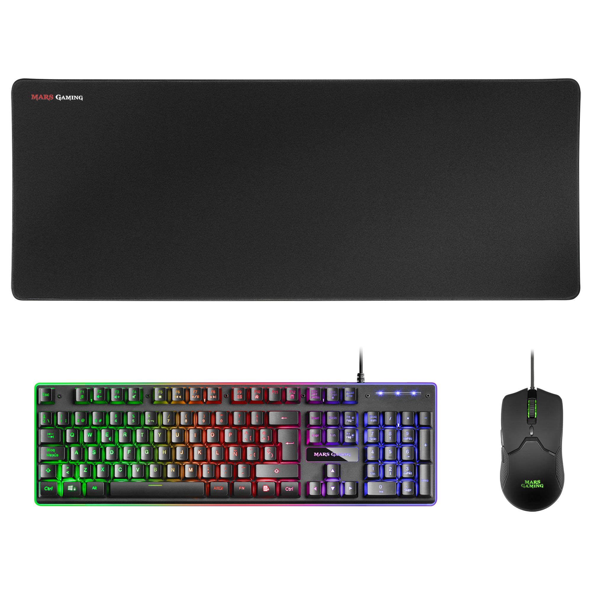 Mars Gaming MCPX, Combo Gaming, Teclado FRGB H-Mech + Ratón Ultraligero 10000 DPI + Alfombrilla XXL, Idioma Español, Combo Negro o Blanco