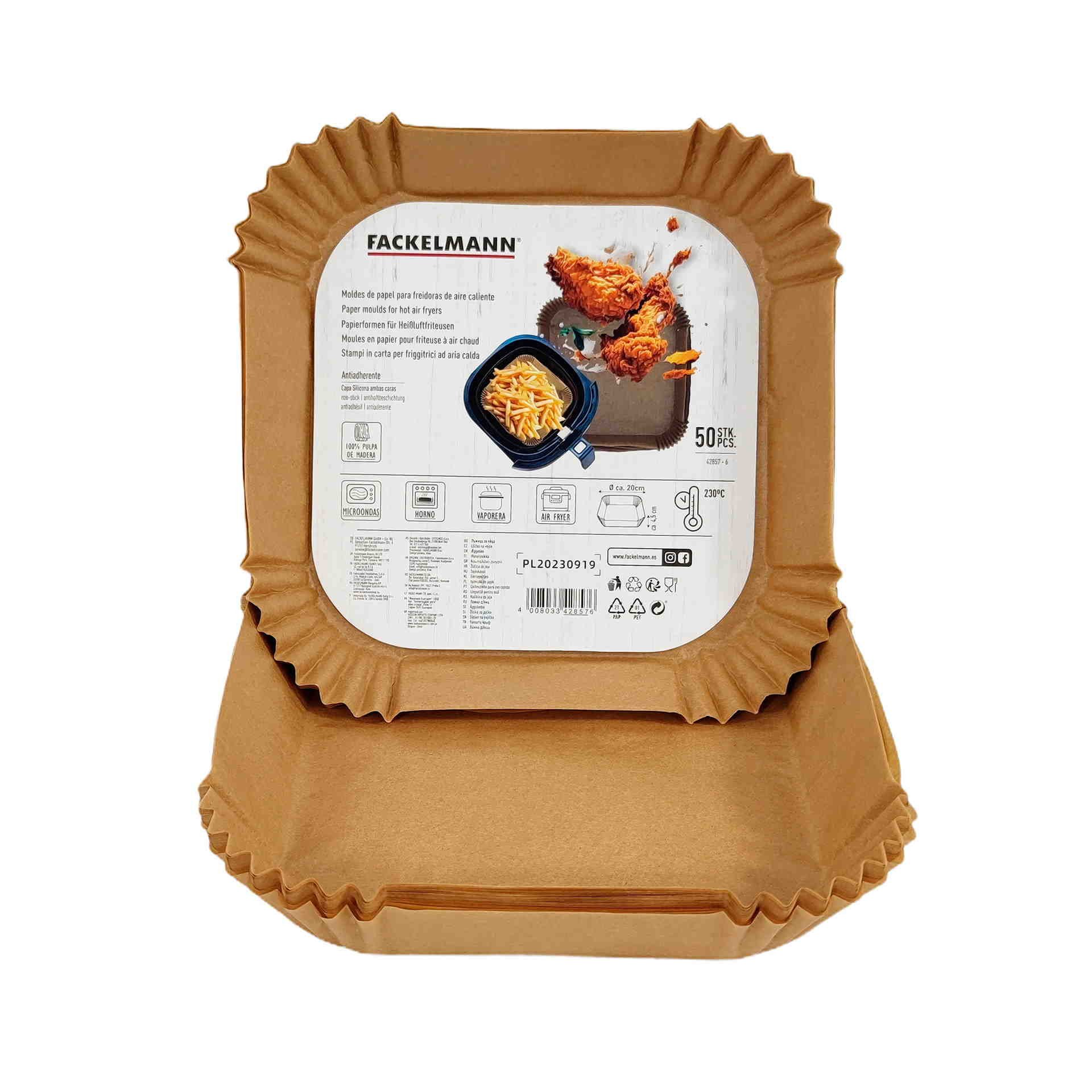 Fackelmann Bandeja de Papel para Freidora de Aire, Papel Air Fryer Cuadrado, Pulpa de Madera Antiadherente e Impermeable, Resistente hasta 230ºC, Accesorios Freidora de Aire, 20x4,5 cm, 100 uds.