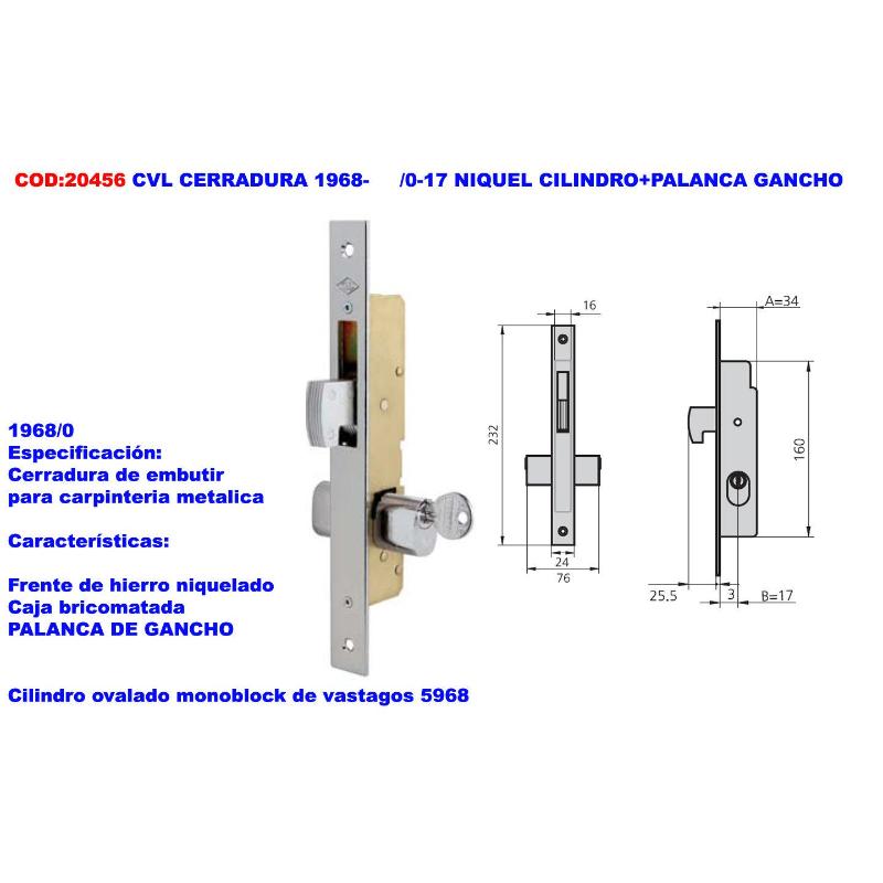 Cvl cerradura 1968-     -0-17 niquel cilindro+palanca gancho